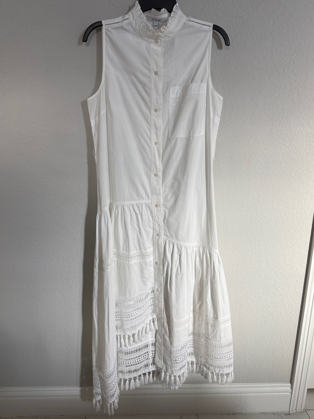 10 Crosby Derek Lam White Sleeveless Button-Front Maxi Dress with Crochet Trim